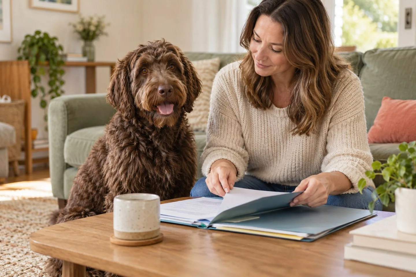 Chocolate Labradoodle with a wavy coat beside its owner reviewing a veterinary folder